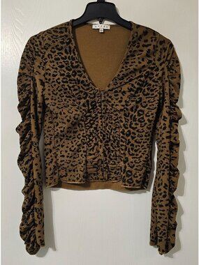 HYFVE Womens Leopard Print Ruched Long Sleeve V-Neck Crop Top L Y2K Coquette
